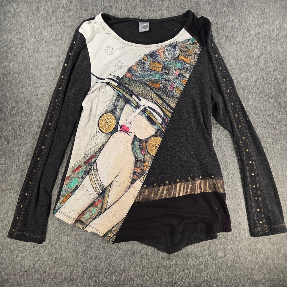 Simply Art by Dolcezza Top Womens Medium Black Graphic Studded Long Sleeve Art